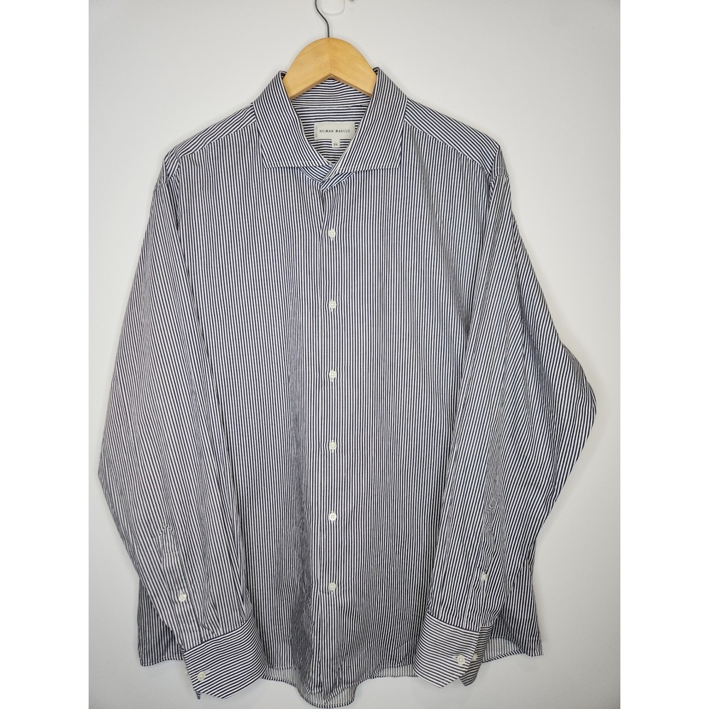 Neiman Marcus Mens XXL Button Up Shirt White Gray Striped Cotton Long Sleeve